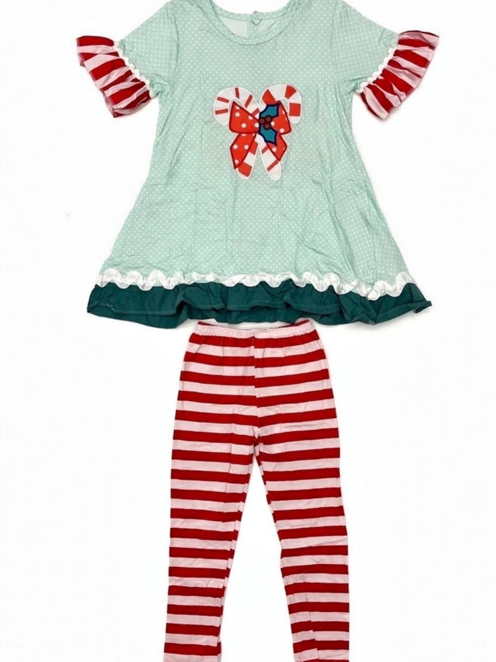 Girls Green & Red Striped Matching Set Like New